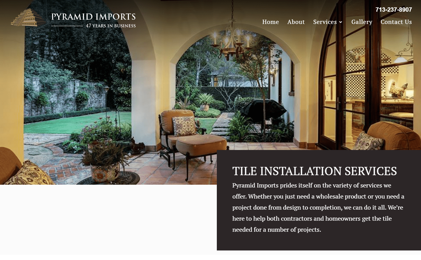 Pyramid services 1 | itvibes full service digital marketing agency in houston Patio Scene with Arches Seating and Garden Used As the Hero Image for Pyramid Imports Tile Installation Services