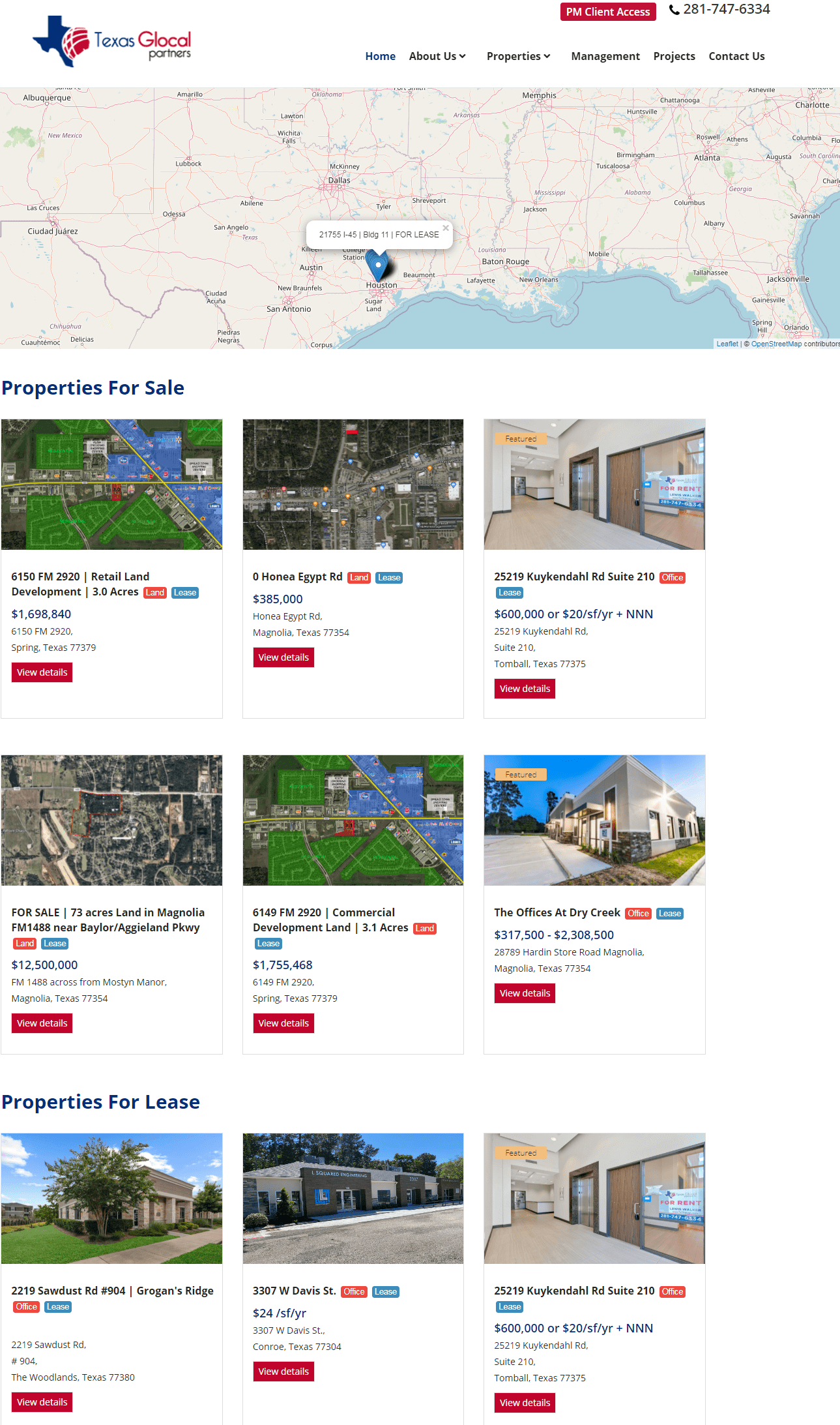 Map Header with a Texas shaped Logo and Navigation Above Property Listings Labeled properties for Sale