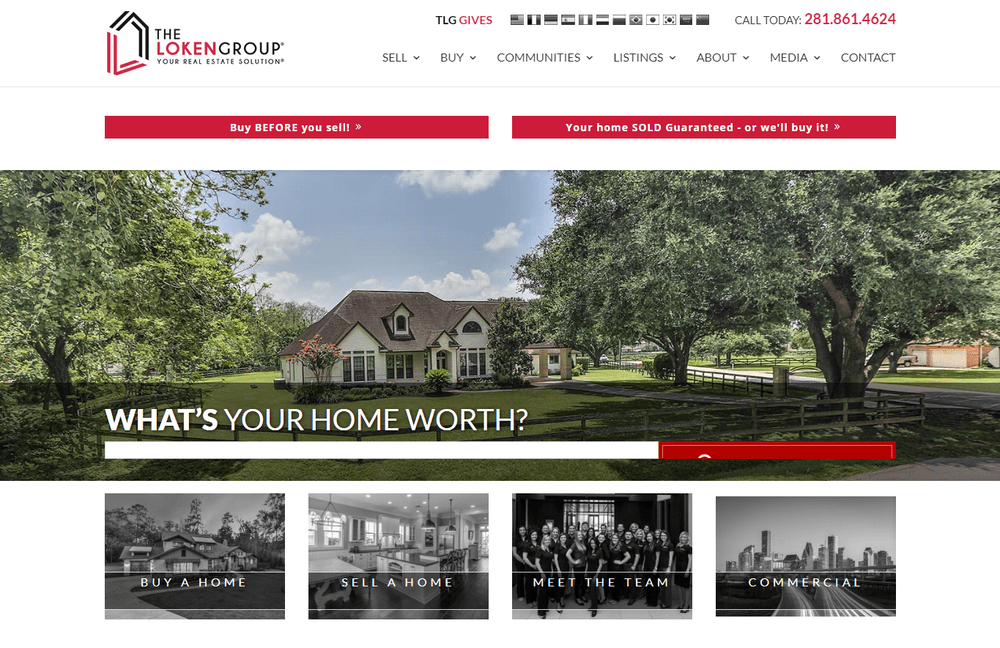 Tlg home 1 | itvibes full service digital marketing agency in houston Hero Banner for a Real Estate Site a Large House with Trees and Lawn Overlaid with whats Your Home Worth Prompt