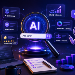 Glowing Ai Hub with a Magnifying Glass Labeled ai Search and Floating Analytics Panels