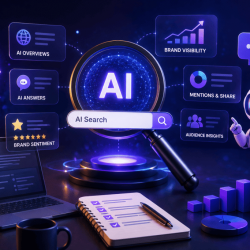 Glowing AI hub with a magnifying glass labeled 'AI Search' and floating analytics panels.