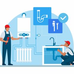 Professional plumber and heating engineer at work, they are checking the boiler and home plumbing.
