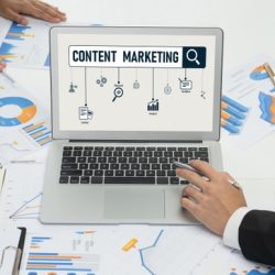 Business professional reviewing content marketing data and digital performance metrics on a laptop for online business growth.