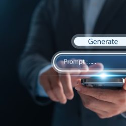 Close up of a Person in a Suit Using a Smartphone with a Floating Ai Prompt Interface Showing generate and prompt