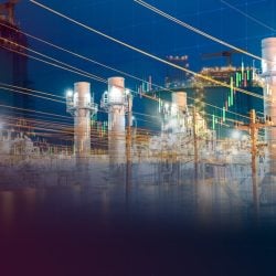 Double Exposure of Natural Gas Storage Tanks Power Plant at Night with Rising Stock Market Financial Graph Concept of Energy Investment Industrial Growth Economic Indicators and Power Trading